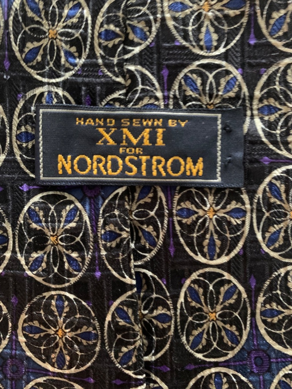 XMI Nordstrom Silk Tie Black Gold Blue Medallion Geometric 90s